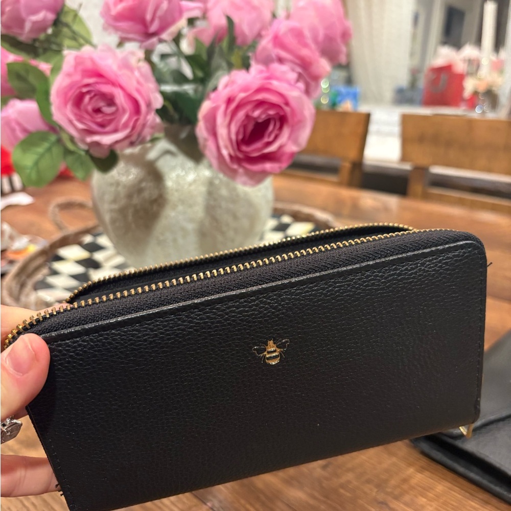Black Leather Zip Wallet with Gold Bee Accent